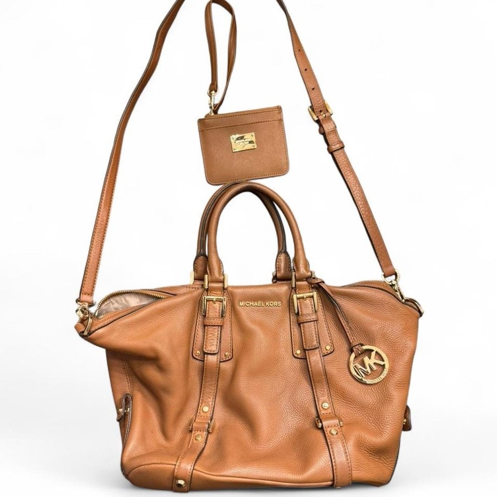 Michael Kors Bedford Belted Satchel Acorn Pebbled Leather with Saffiano Wristlet